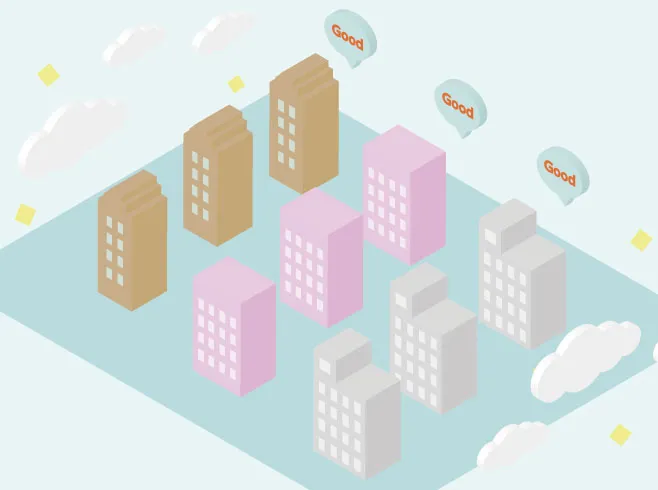 簡略化されたパステル調の複数マンションが整然と並ぶイラスト