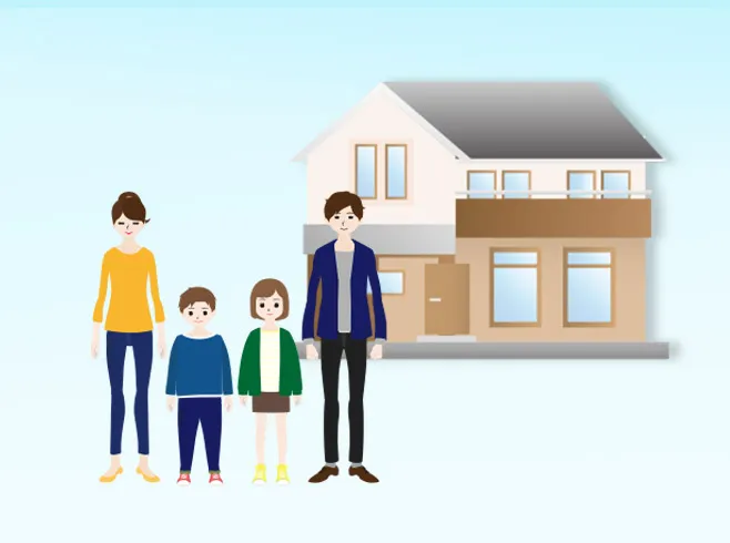 一戸建てと30代夫婦・子供二人家族のイラスト